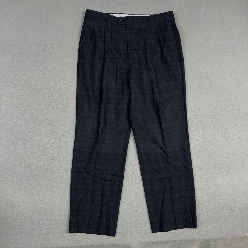 Tommy Hilfiger Pants Mens 34x32 (Fits 34x29) Blue Plaid Wool Pleated Dress VTG